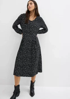 bonprix Kleider|Bekleidung·Pullover & Strickjacken^Baumwoll-Jerseykleid, Midilänge schwarz/wollweiß gepunktet