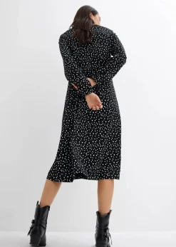 bonprix Kleider|Bekleidung·Pullover & Strickjacken^Baumwoll-Jerseykleid, Midilänge schwarz/wollweiß gepunktet
