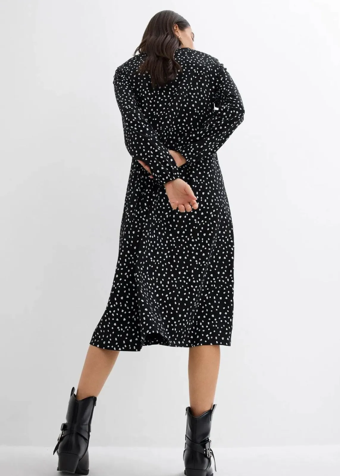 bonprix Kleider|Bekleidung·Pullover & Strickjacken^Baumwoll-Jerseykleid, Midilänge schwarz/wollweiß gepunktet