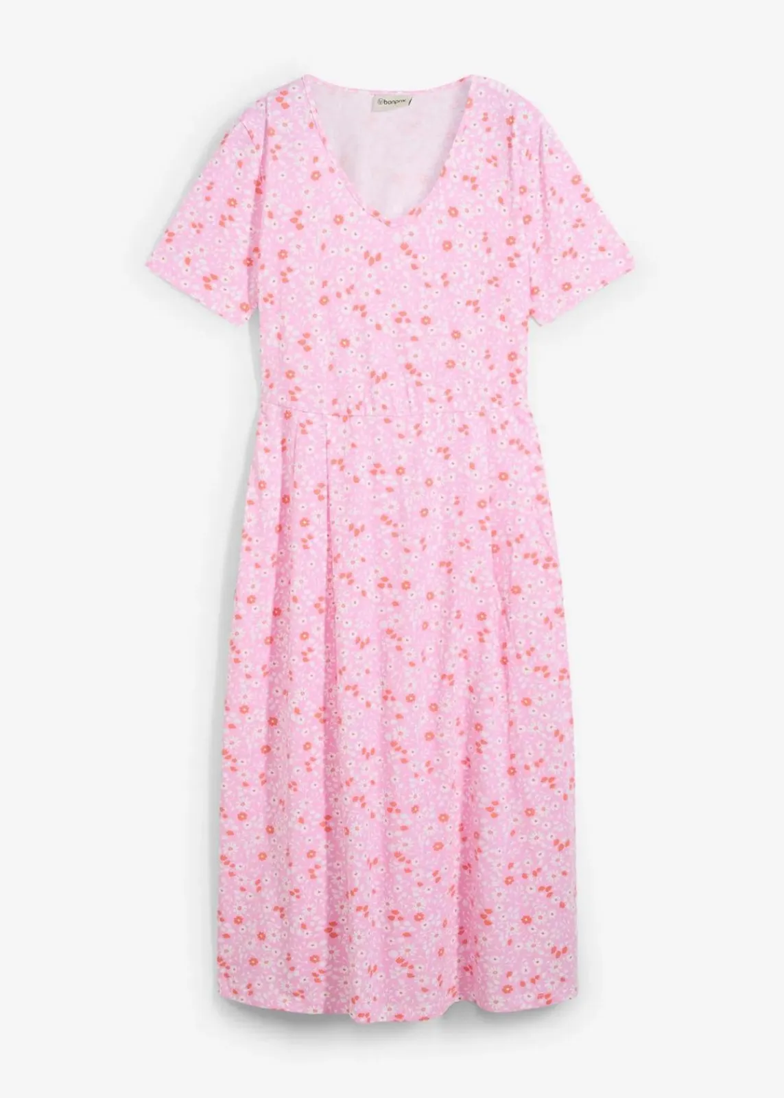 bonprix Kleider|Bekleidung·Pullover & Strickjacken^Baumwoll-Jerseykleid, Midilänge rosa/lachsorange/weiß