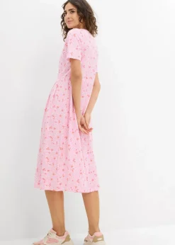 bonprix Kleider|Bekleidung·Pullover & Strickjacken^Baumwoll-Jerseykleid, Midilänge rosa/lachsorange/weiß