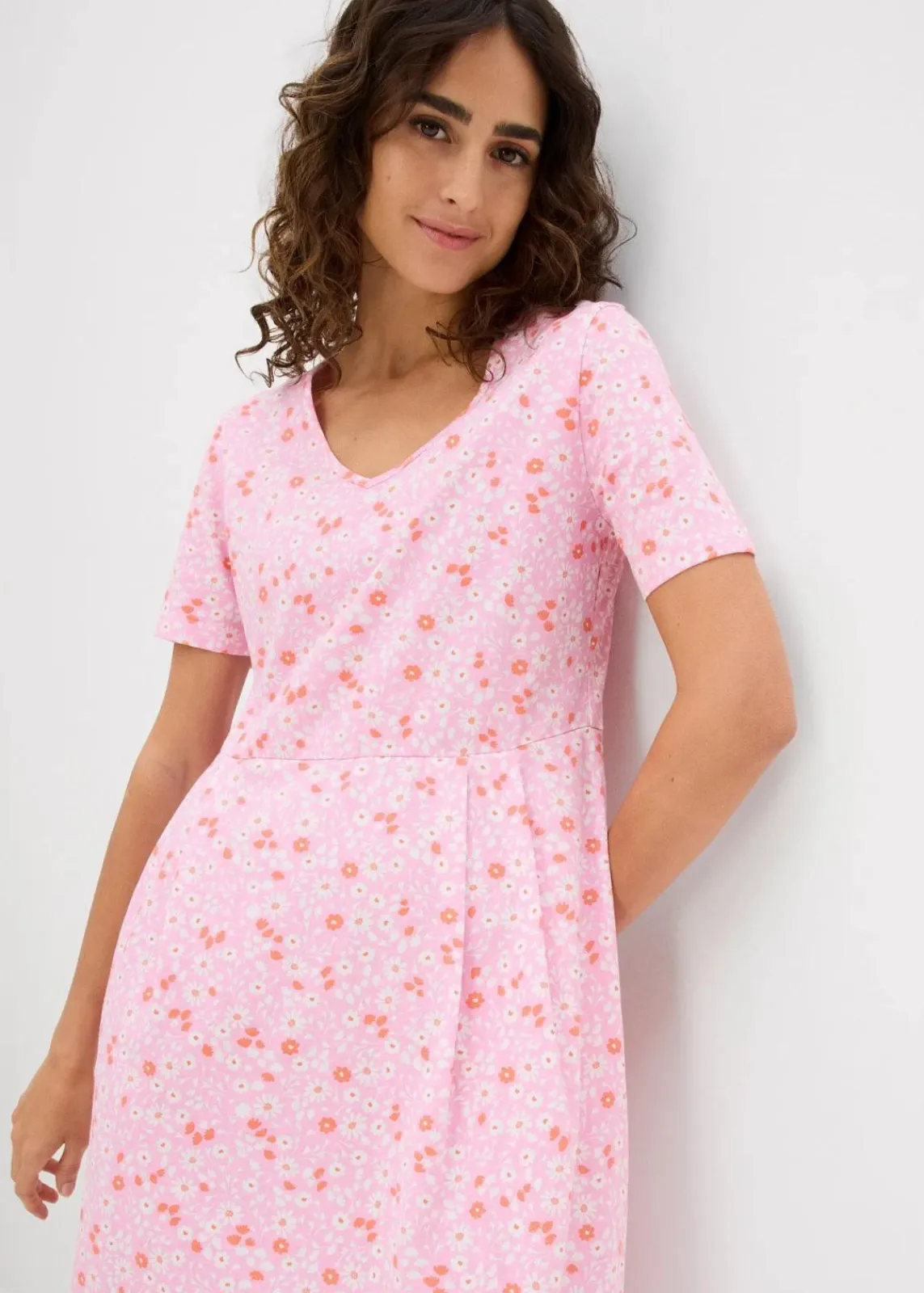 bonprix Kleider|Bekleidung·Pullover & Strickjacken^Baumwoll-Jerseykleid, Midilänge rosa/lachsorange/weiß