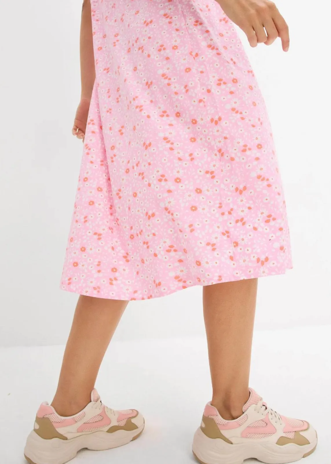 bonprix Kleider|Bekleidung·Pullover & Strickjacken^Baumwoll-Jerseykleid, Midilänge rosa/lachsorange/weiß