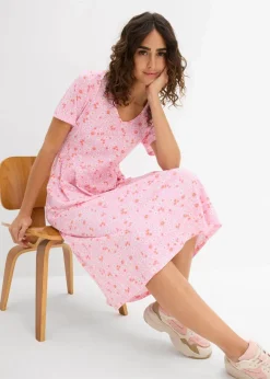 bonprix Kleider|Bekleidung·Pullover & Strickjacken^Baumwoll-Jerseykleid, Midilänge rosa/lachsorange/weiß