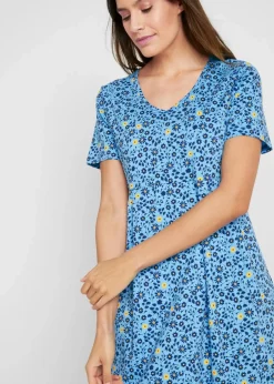 bonprix Kleider|Bekleidung·Pullover & Strickjacken^Baumwoll-Jerseykleid, Midilänge babyblau/tulpengelb geblümt