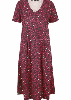 bonprix Kleider|Bekleidung·Pullover & Strickjacken^Baumwoll-Jerseykleid, Midilänge schwarz/granatapfelrot geblümt