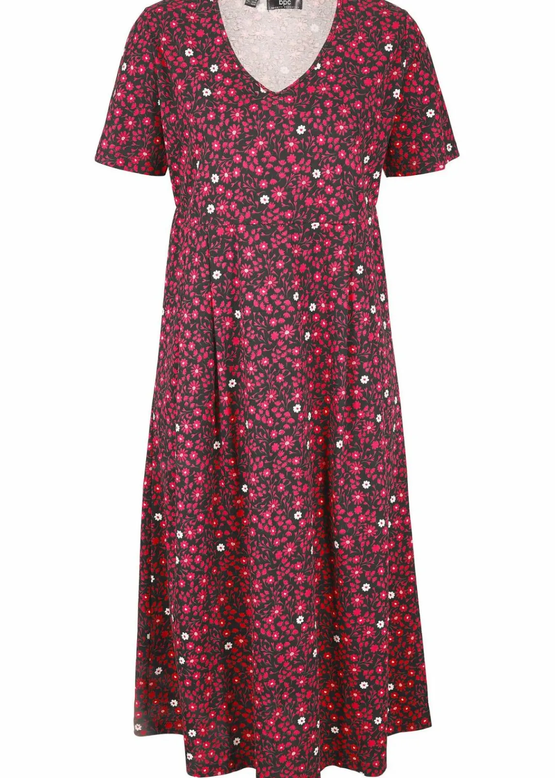 bonprix Kleider|Bekleidung·Pullover & Strickjacken^Baumwoll-Jerseykleid, Midilänge schwarz/granatapfelrot geblümt