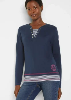 bonprix Nachhaltigere Materialien|Shirts & Tops^Baumwoll-Langarmshirt, 2 in 1-Optik dunkelblau/pinklady/weiß gestreift