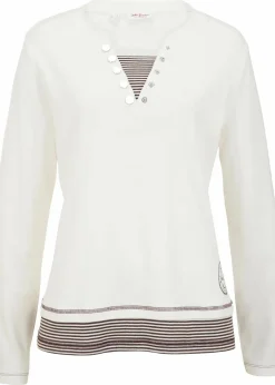 bonprix Shirts & Tops|Nachhaltigere Materialien^Baumwoll-Langarmshirt, 2 in 1-Optik wollweiß/dunkelbraun gestreift