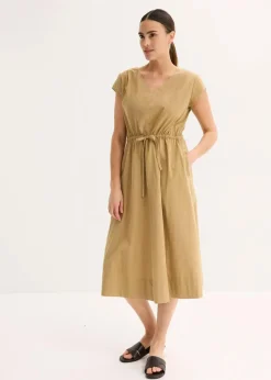 bonprix Bekleidung·Pullover & Strickjacken|Kleider^Baumwoll-Popeline Kleid mit variablem Zugband khakibraun