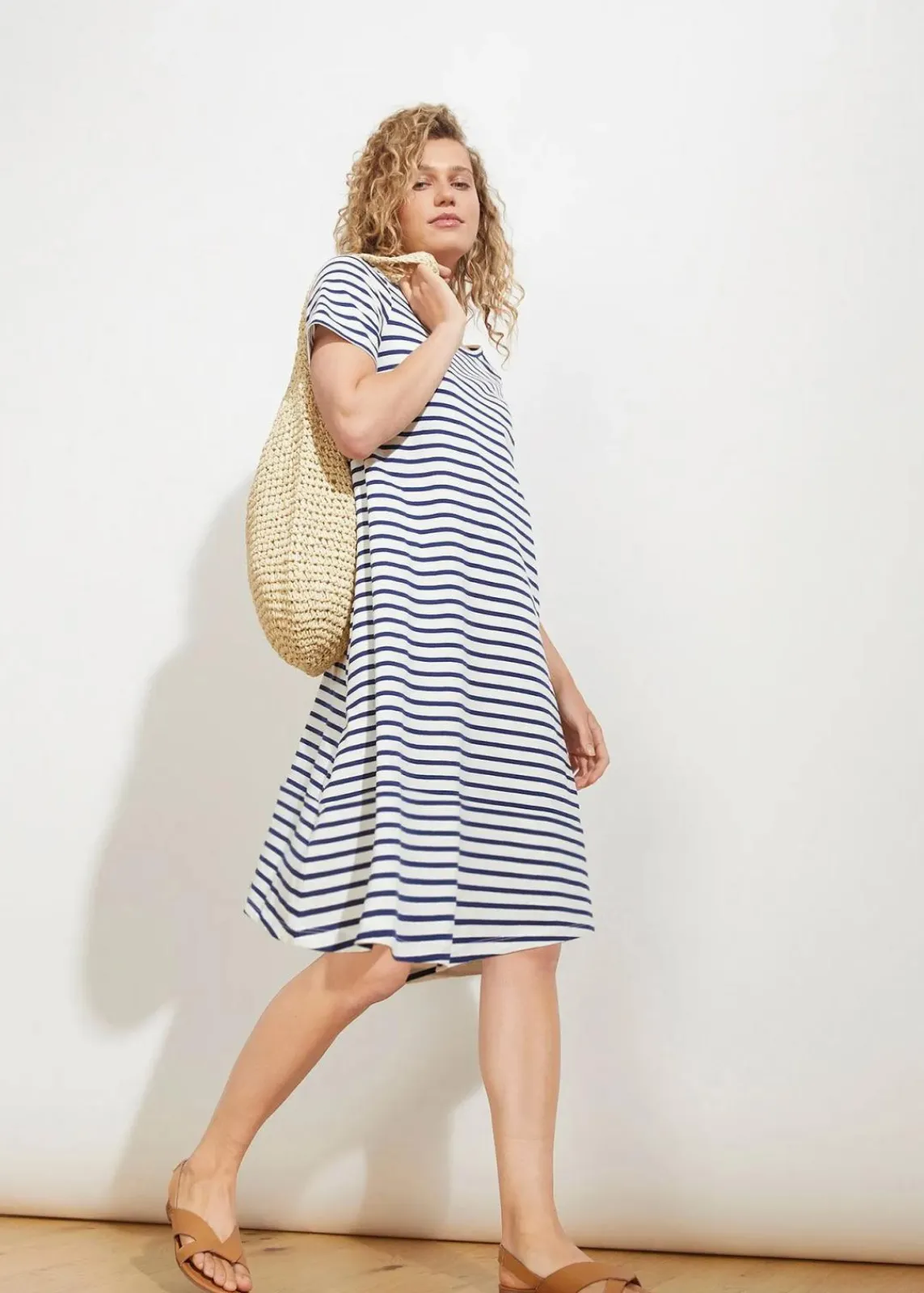 bonprix Kleider^Baumwoll-Shirtkleid aus Flammgarn wollweiß/mitternachtsblau gestreift