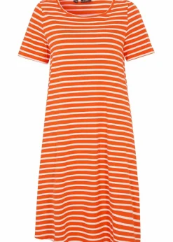bonprix Kleider^Baumwoll-Shirtkleid aus Flammgarn mandarinrot/wollweiß gestreift