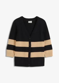 bonprix Bekleidung·Umstandsmode|Strickmode^Baumwollstrickjacke mit Streifen schwarz/latte macchiato gestreift