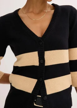 bonprix Bekleidung·Umstandsmode|Strickmode^Baumwollstrickjacke mit Streifen schwarz/latte macchiato gestreift