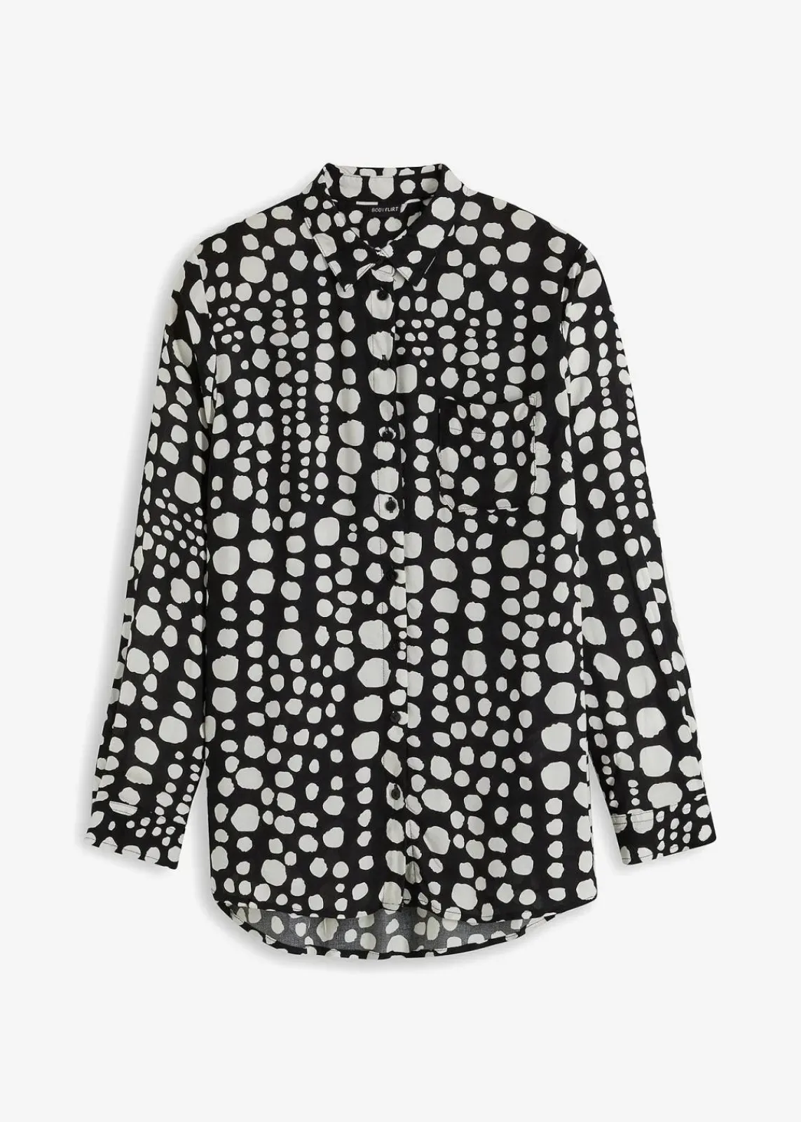 bonprix Blusen & Tuniken|Nachhaltigere Materialien^Bedruckte Longbluse aus nachhaltiger Viskose schwarz/wollweiß gepunktet