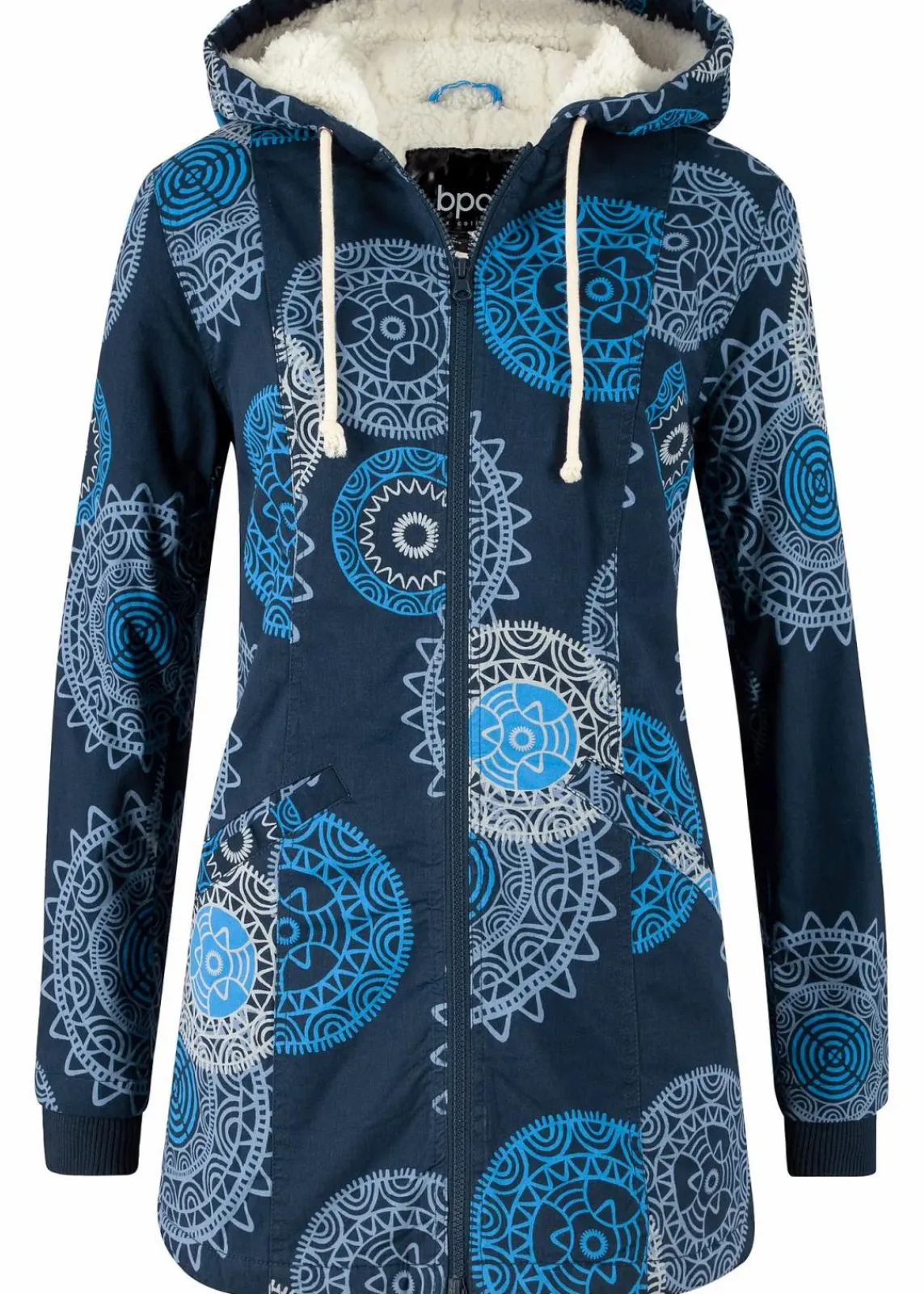 bonprix Jacken & Mäntel|Bekleidung·Hosen^Bedruckter Baumwoll-Parka mit Kapuze dunkelblau bedruckt