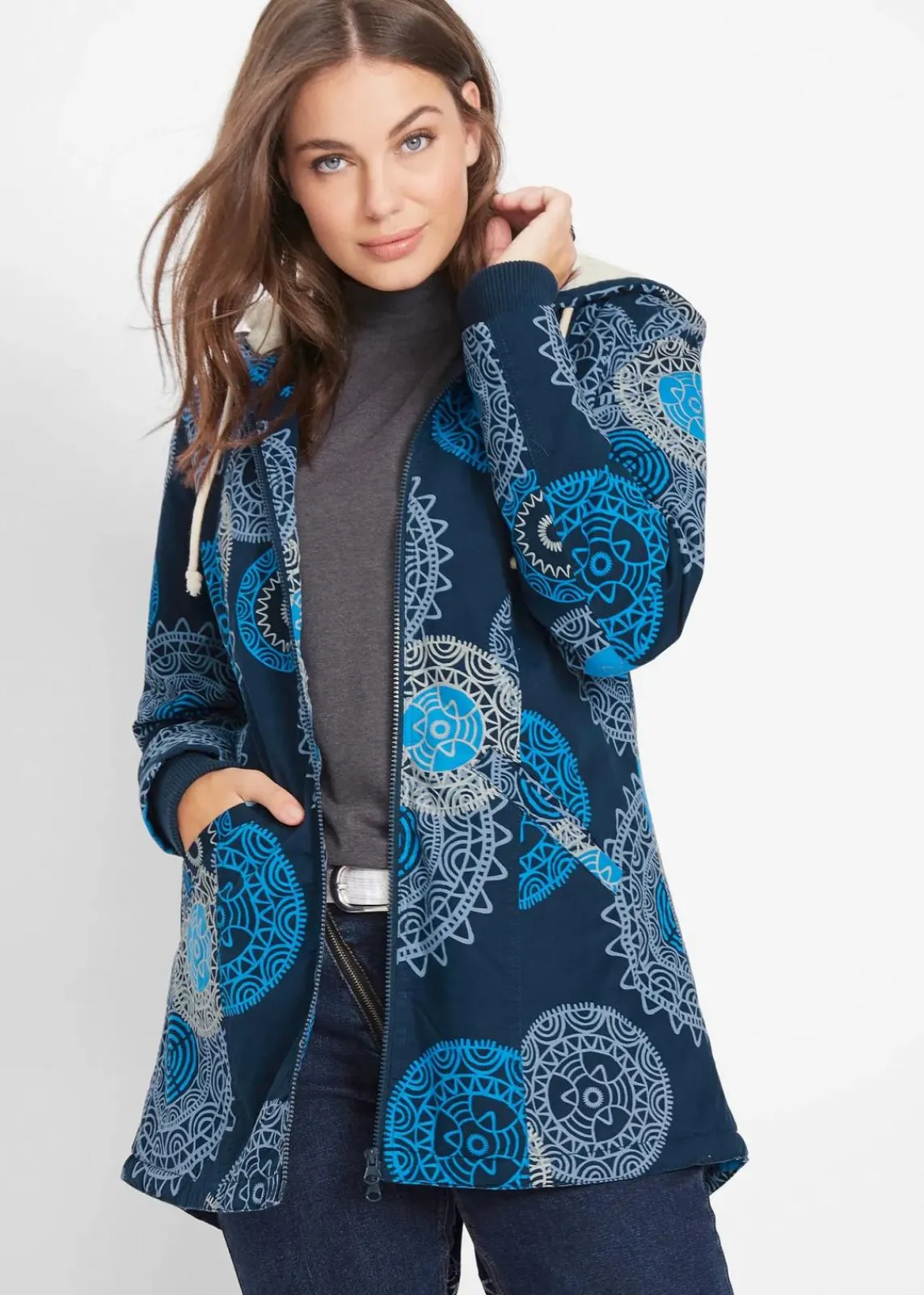 bonprix Jacken & Mäntel|Bekleidung·Hosen^Bedruckter Baumwoll-Parka mit Kapuze dunkelblau bedruckt