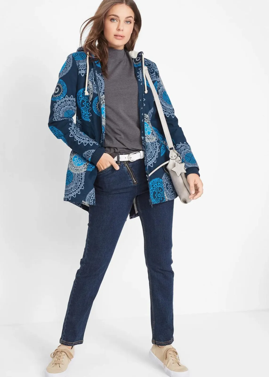 bonprix Jacken & Mäntel|Bekleidung·Hosen^Bedruckter Baumwoll-Parka mit Kapuze dunkelblau bedruckt