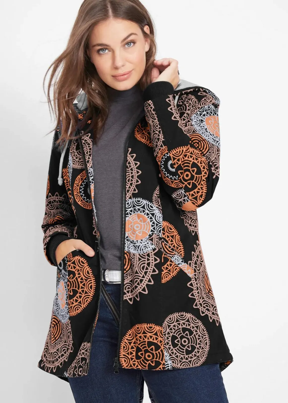 bonprix Bekleidung·Hosen|Jacken & Mäntel^Bedruckter Baumwoll-Parka mit Kapuze schwarz/kürbisorange bedruckt