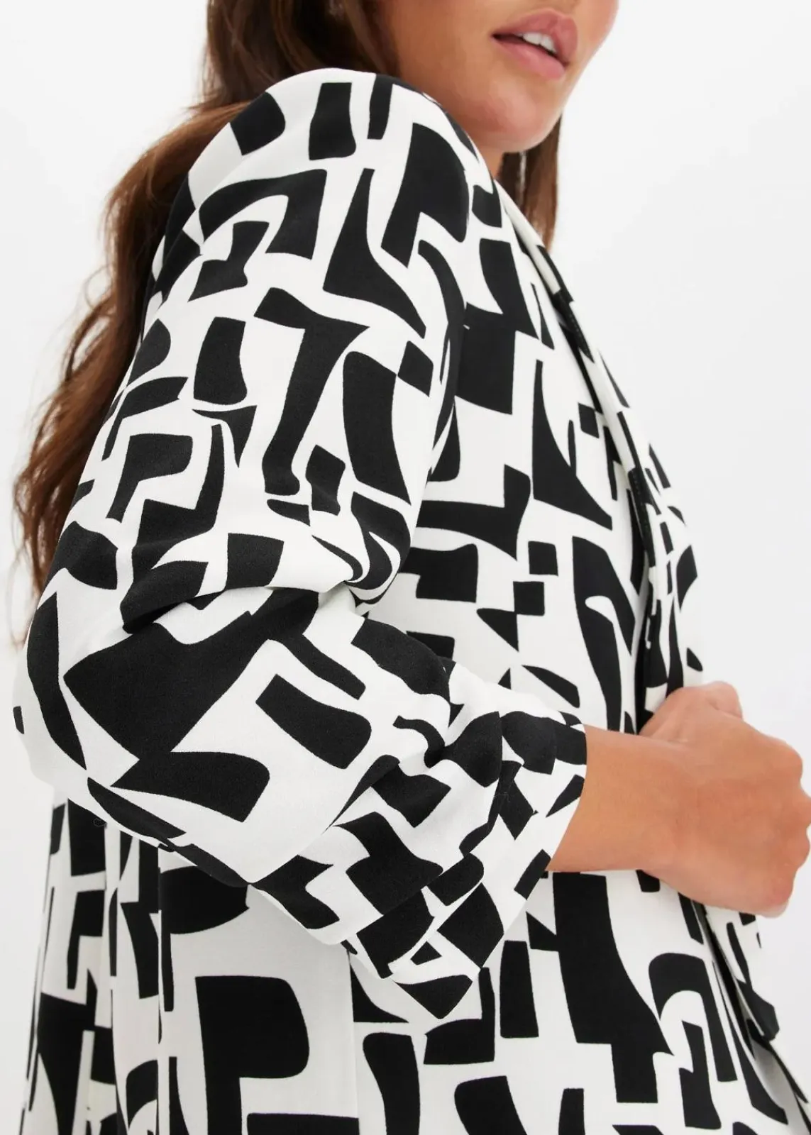 bonprix Bekleidung·Basics|Blazer^bedruckter Longblazer weiß/schwarz graphisch bedruckt