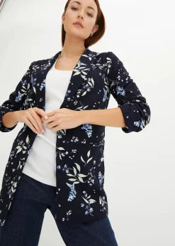 bonprix Bekleidung·Basics|Blazer^Bedruckter Longblazer dunkelblau geblümt