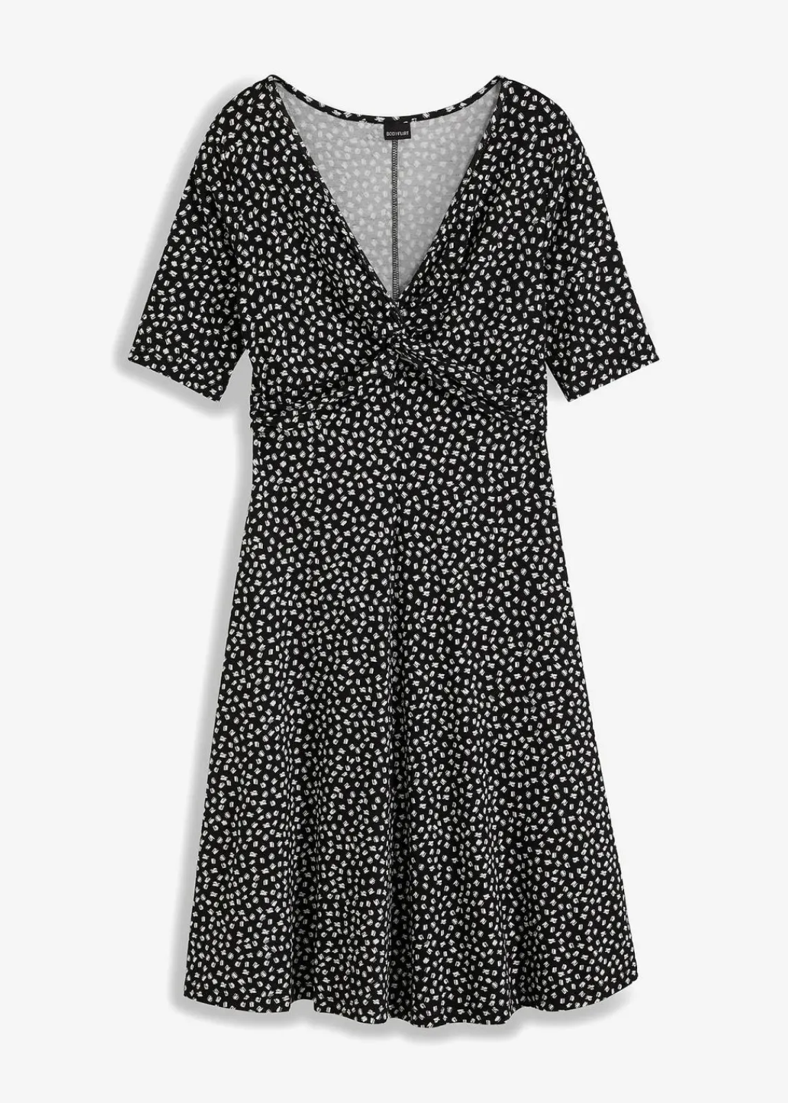 bonprix Bekleidung·Pullover & Strickjacken|Kleider^Bedrucktes Jersey-Kleid mit Drapierung schwarz / weiß graphisch bedruckt