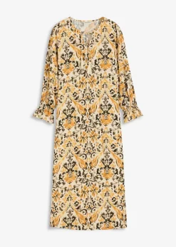 bonprix Nachhaltigere Materialien|Kleider^bedrucktes Kaftan-Kleid aus fließender Viskose wollweiß/ocker bedruckt