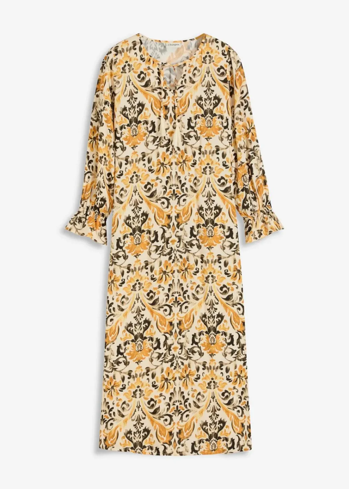 bonprix Nachhaltigere Materialien|Kleider^bedrucktes Kaftan-Kleid aus fließender Viskose wollweiß/ocker bedruckt