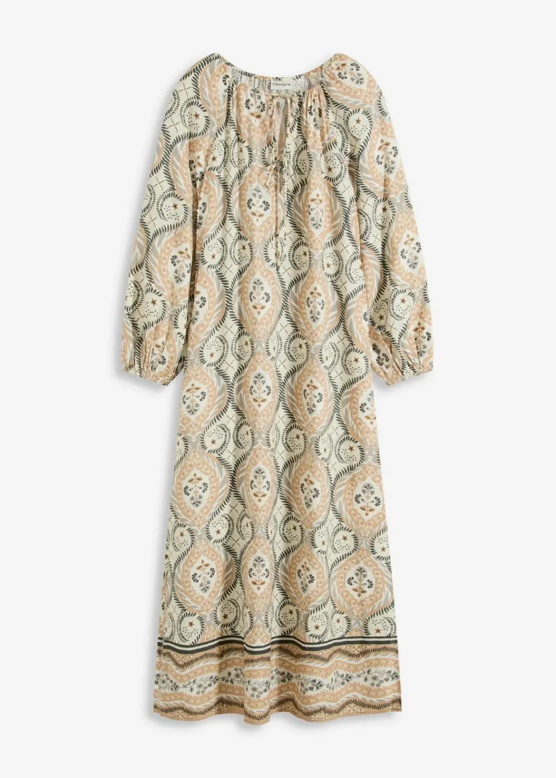 bonprix Bekleidung·Pullover & Strickjacken|Nachhaltigere Materialien^bedrucktes Kaftan-Kleid aus fließender Viskose sand bedruckt