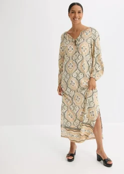 bonprix Bekleidung·Pullover & Strickjacken|Nachhaltigere Materialien^bedrucktes Kaftan-Kleid aus fließender Viskose sand bedruckt