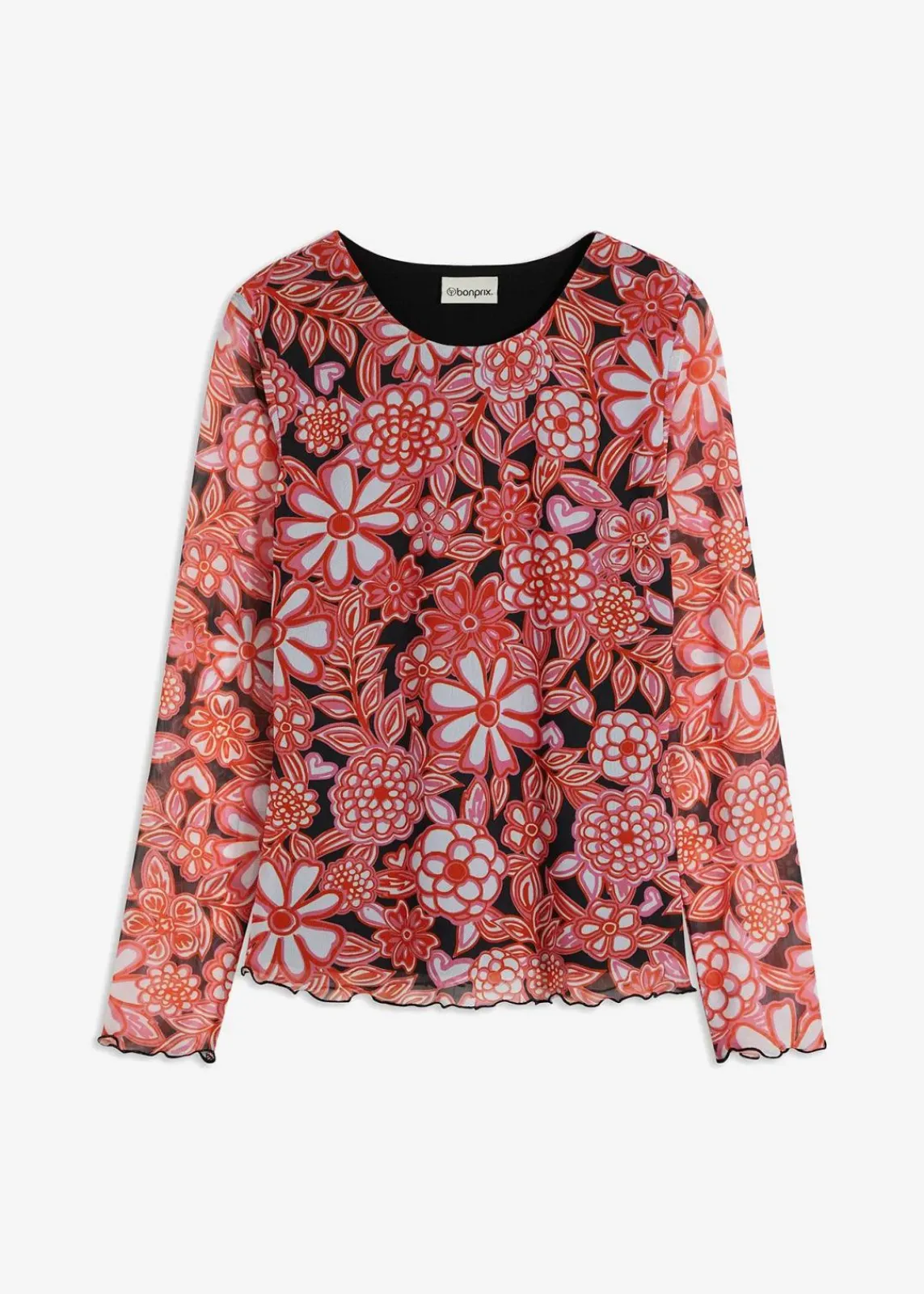 bonprix Shirts & Tops^bedrucktes Mesh-Langarmshirt schwarz/pink geblümt