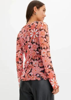 bonprix Shirts & Tops^bedrucktes Mesh-Langarmshirt schwarz/pink geblümt