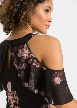bonprix Bekleidung·Pullover & Strickjacken|Kleider^Bedrucktes Mesh-Maxikleid schwarz geblümt