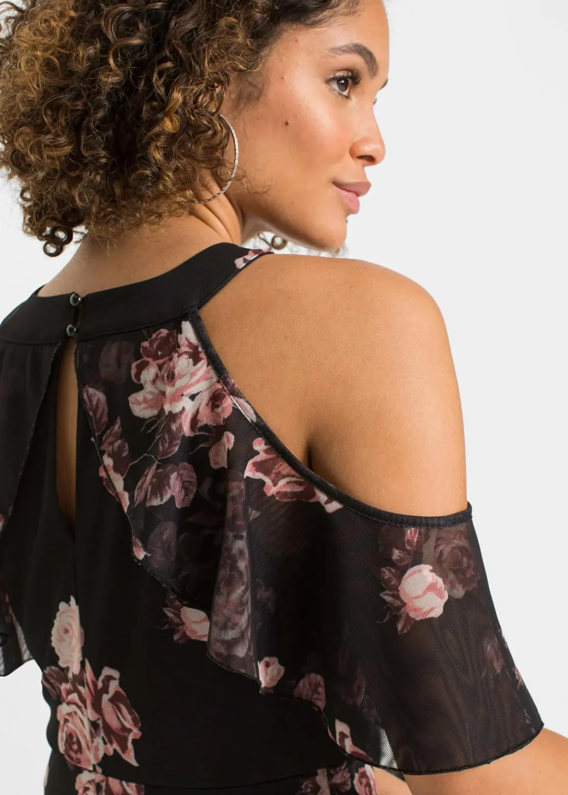 bonprix Bekleidung·Pullover & Strickjacken|Kleider^Bedrucktes Mesh-Maxikleid schwarz geblümt
