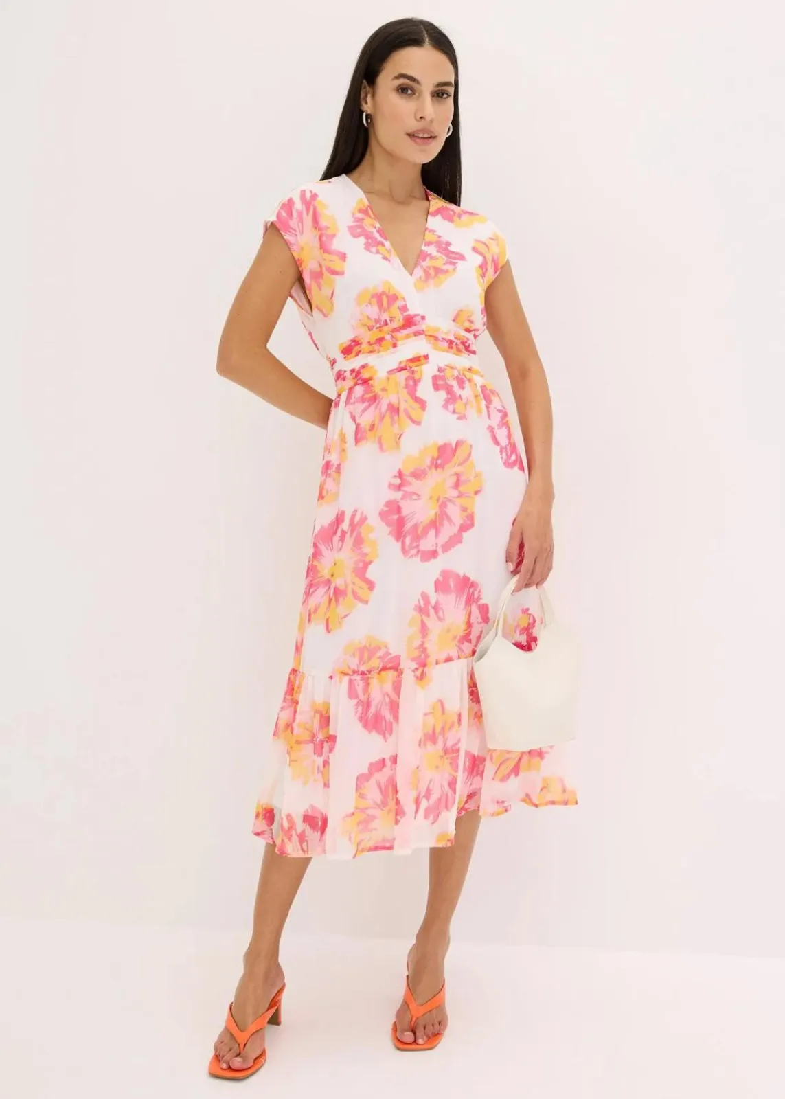 bonprix Bekleidung·Pullover & Strickjacken|Kleider^bedrucktes Midikleid weiß/pink floral