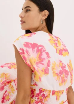 bonprix Bekleidung·Pullover & Strickjacken|Kleider^bedrucktes Midikleid weiß/pink floral