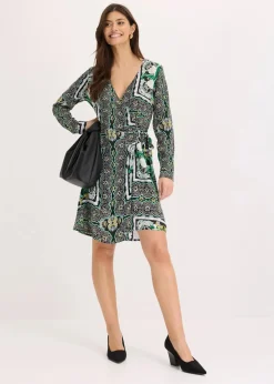 bonprix Bekleidung·Pullover & Strickjacken|Kleider^bedrucktes Satin-Wickelkleid schwarz bedruckt