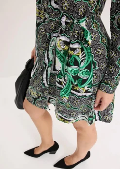 bonprix Bekleidung·Pullover & Strickjacken|Kleider^bedrucktes Satin-Wickelkleid schwarz bedruckt