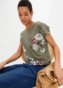 bonprix Shirts & Tops^Bedrucktes Shirt mit Spitze oliv geblümt