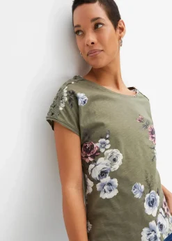 bonprix Shirts & Tops^Bedrucktes Shirt mit Spitze oliv geblümt