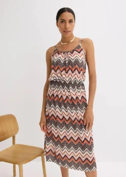 bonprix Nachhaltigere Materialien|Kleider^bedrucktes Trägerkleid wollweiß/braun bedruckt