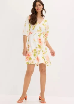 bonprix Bekleidung·Pullover & Strickjacken|Kleider^bedrucktes Tunika-Kleid aus fließender Viskose weiß/melba/helllachs geblümt
