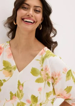 bonprix Bekleidung·Pullover & Strickjacken|Kleider^bedrucktes Tunika-Kleid aus fließender Viskose weiß/melba/helllachs geblümt