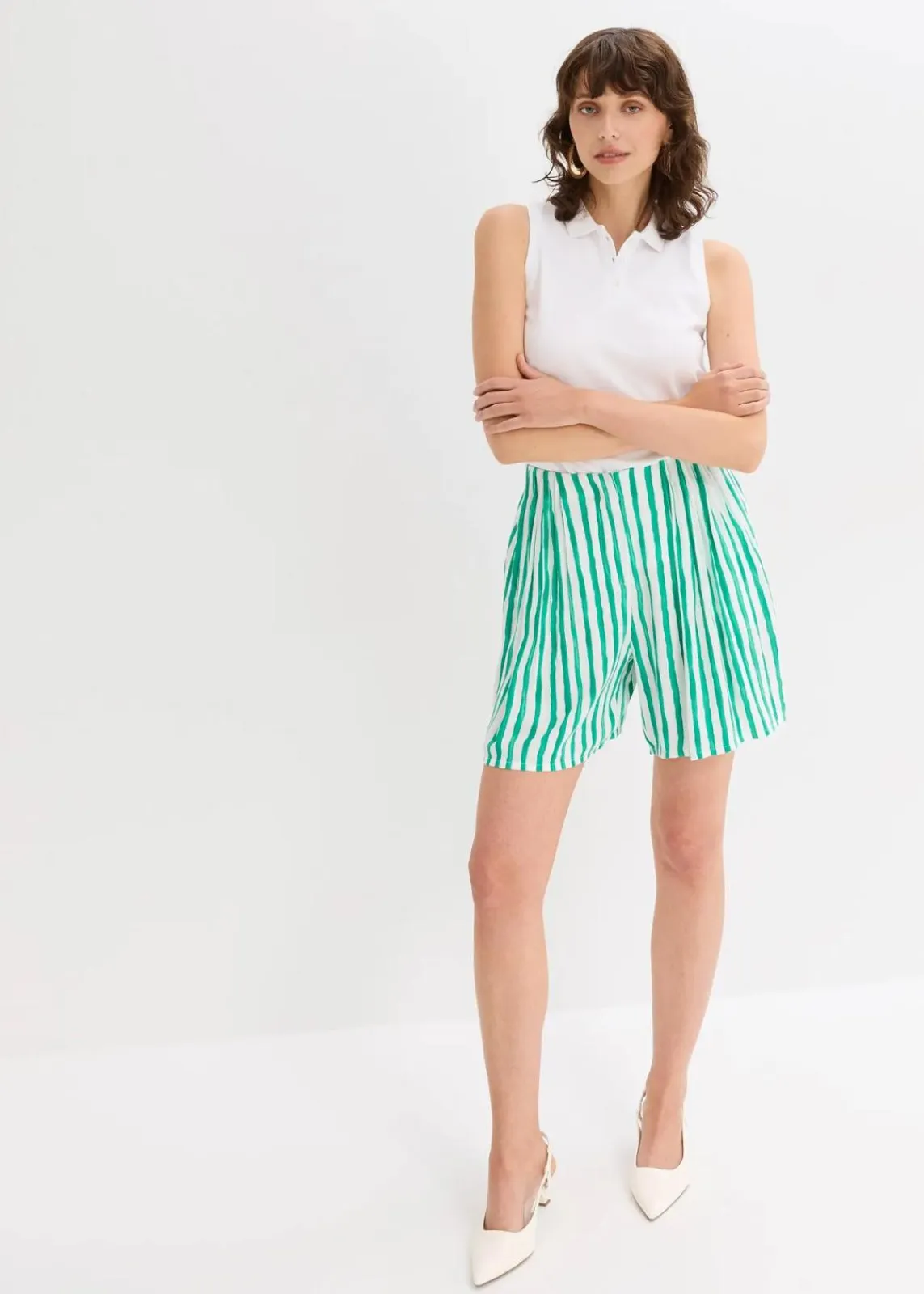bonprix Hosen|Shorts^Bermuda aus fließender Viscose weiß/jadegrün gestreift