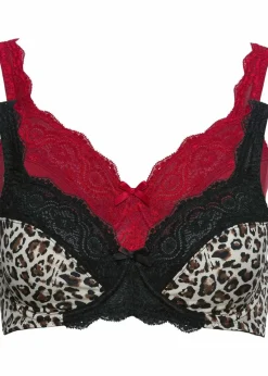 bonprix Große Cups D-H|Nachhaltigere Materialien^Bügel-BH mit zarter Spitze (2er Pack) schwarz/leo bedruckt + dunkelrot