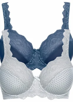 bonprix Große Cups D-H|Nachhaltigere Materialien^Bügel-BH mit zarter Spitze (2er Pack) mattsilber bedruckt+dunkelblau