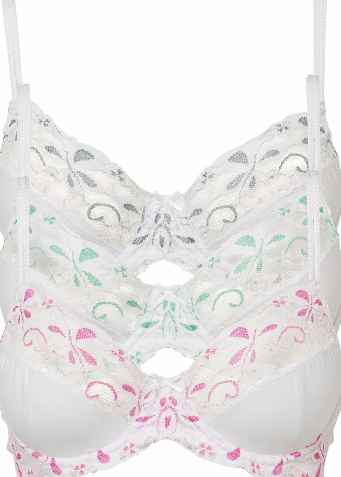 bonprix Große Cups D-H|Nachhaltigere Materialien^Bügel-BH mit zarter Spitze (3er Pack) weiß/pink + weiß/grau + weiß/tuerkis