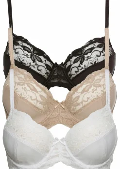 bonprix Große Cups D-H|Nachhaltigere Materialien^Bügel-BH mit zarter Spitze (3er Pack) schwarz + weiß + kreidebeige