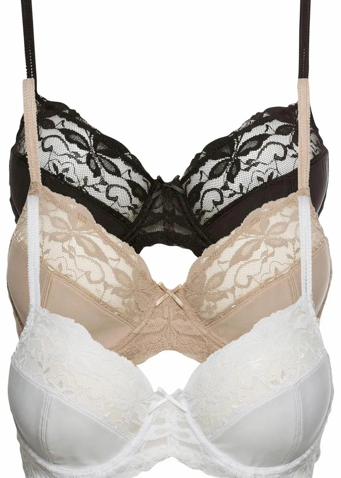 bonprix Große Cups D-H|Nachhaltigere Materialien^Bügel-BH mit zarter Spitze (3er Pack) schwarz + weiß + kreidebeige
