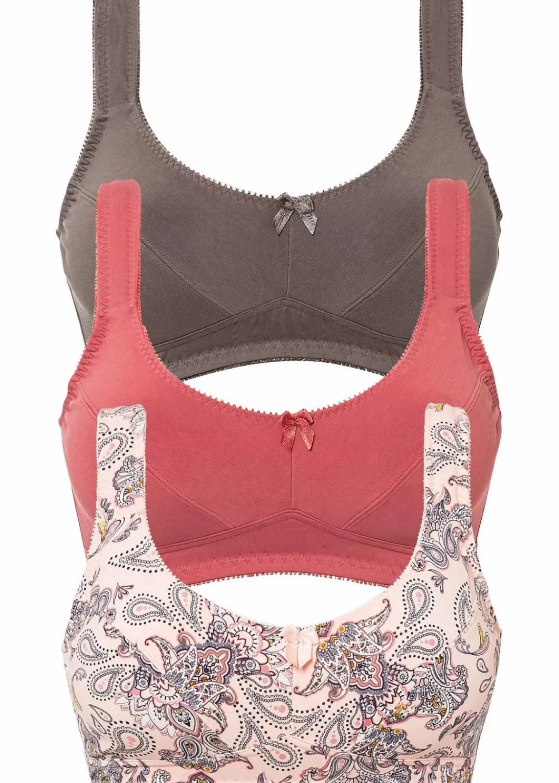bonprix Wäsche·Baumwollunterwäsche|Wäsche·Große Cups D-H^BH ohne Bügel mit Bio-Baumwolle (3er Pack) pfirsich paisley + rhabarber + mittelbraun